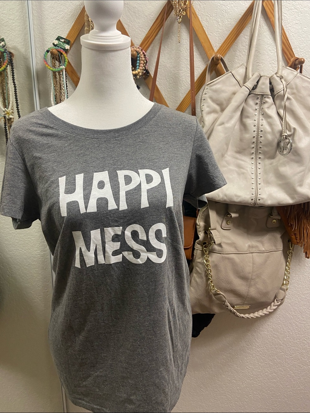 Grey 'Happi Mess' Graphic Tee. Women’s large